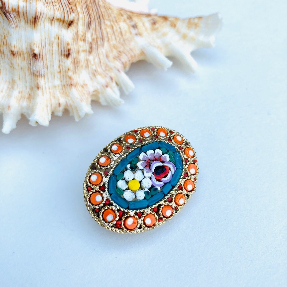 Sweet Micro Mosaic Brooch Gold Plated Orange Blue Red White Flowers Pin 1.5”